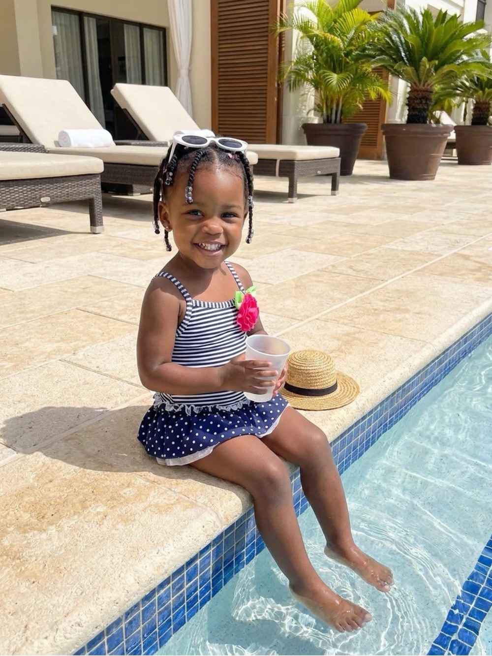 Little Me Stripe and Polka Dot Swimsuit with Floral Appliqué